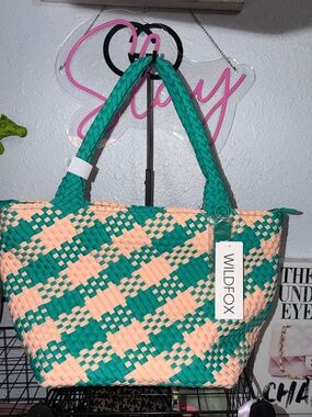 NWT Wildfox Large Woven Tote Bag Teal Peach Checkered Neoprene Beach Tote $125